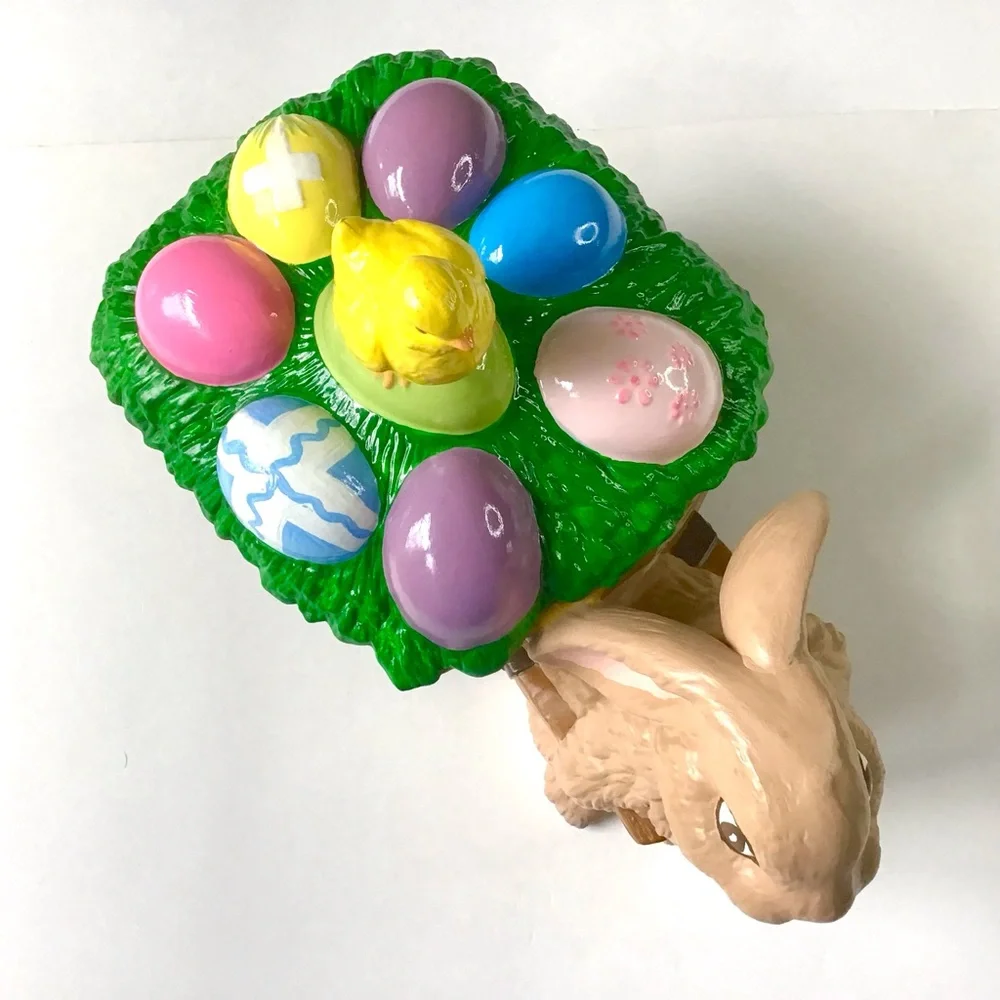 Vintage Easter Bunny Pulling Wagon Cart of Eggs Chick Large Covered Ceramic Dish